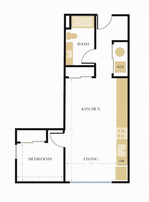 Floor plan for 1 bed, 1 bath, 581 sqft